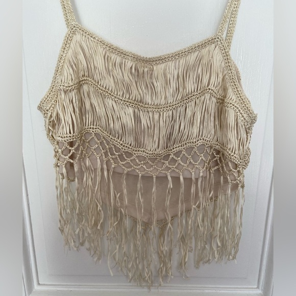 NWT Millau Crochet Cream Eclectic Unique Festival Bohemian Fringe Crop Tank Top - Picture 8 of 15